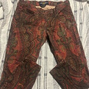 Lucky Brand Red and Green Paisley Psychedelic Skinny Jeans Size 12. Inseam 31